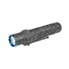 Black tactical LED flashlight with blue bezel, side button, and pocket clip