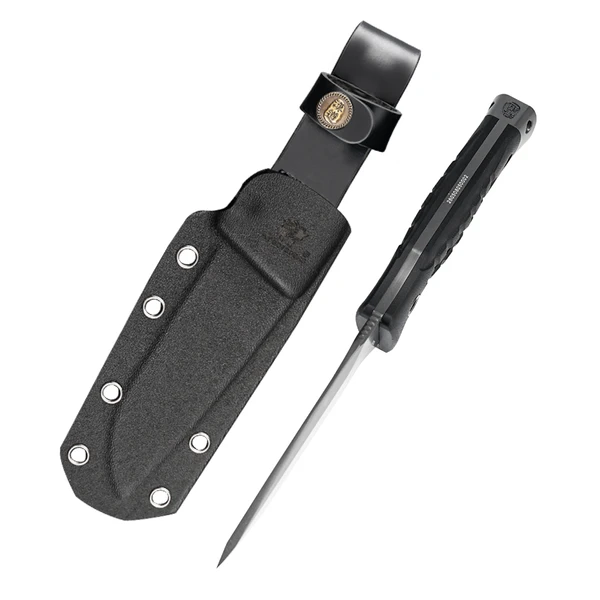 Tactical fixed blade knife with textured black handle and matching Kydex sheath with leather belt loop