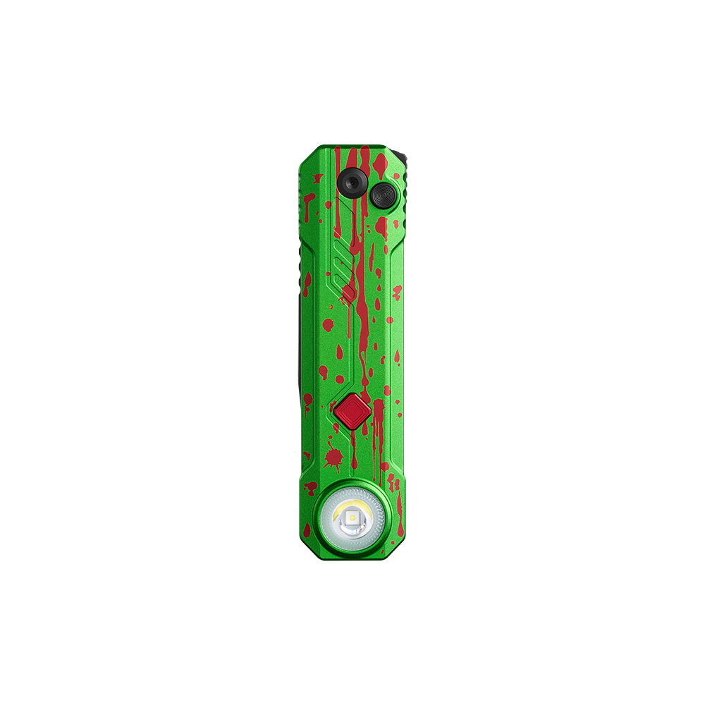 Green EDC flat flashlight with red splatter paint design and LED bulb isolated on black background
