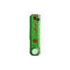 Green EDC flat flashlight with red splatter paint design and LED bulb isolated on black background