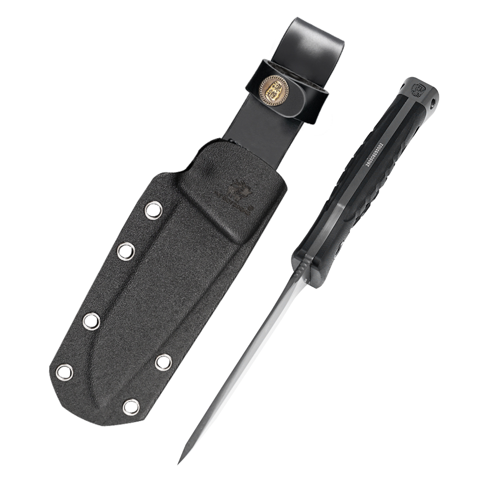 Tactical fixed blade knife with textured black handle and matching Kydex sheath on white background