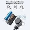 Portable camp shower motor cross-section showing battery, 35-70 minute run time, and water-saving statistics.