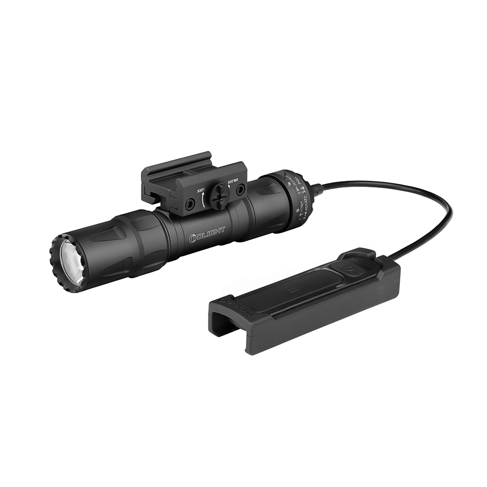 Front view of Odin S matte black picatinny version with pressure switch