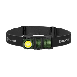 Olight Green Baton 4 Headlamp Front View on Black Elastic Headband for Hands-Free Outdoor Hiking and Camping Use