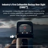 Collapsible Backup Rear Sight CBRS with red dot reticle on a pistol optic at dusk