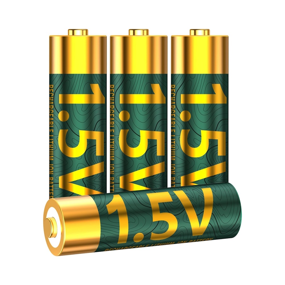 Olight Green and Gold 1.5V Rechargeable AA Lithium-Ion Batteries Group Shot for Powering Electronic Devices