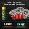 Olight Green and Gold AA Battery next to a pile of disposable batteries, highlighting its rechargeable feature for cost savings and waste reduction.