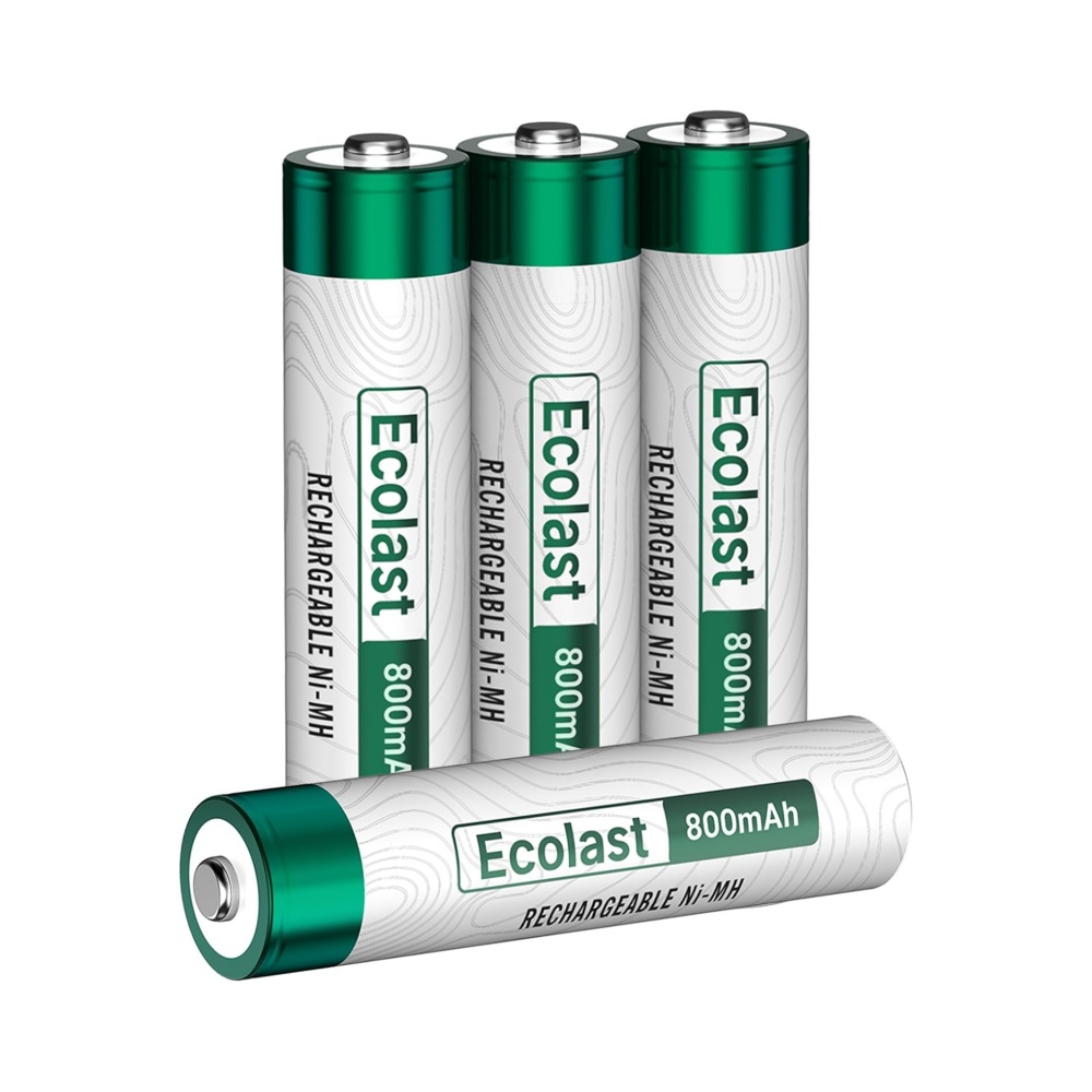 Olight Green and White AAA Rechargeable Ni-MH Batteries with 800mAh Capacity, shown upright and one lying down for general electronics use.