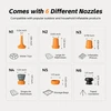 Six different air pump nozzles with measurements for inflatable water toys mattresses pillows storage bags and tripods