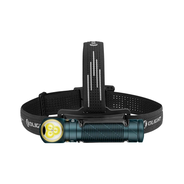 Olight Dark Teal Headlamp, front view, with three LEDs and textured grip for hands-free outdoor lighting.