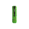 Green Oknife folding pocket knife handle with red splatter pattern and black pocket clip isolated on black background