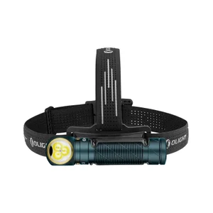 Olight Dark Teal Headlamp, front view, with three LEDs and textured grip for hands-free outdoor lighting.