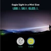 Powerful mini flashlight specs: 1000 lumens, 510 meters, 65025 candela; compact size with coin comparison.