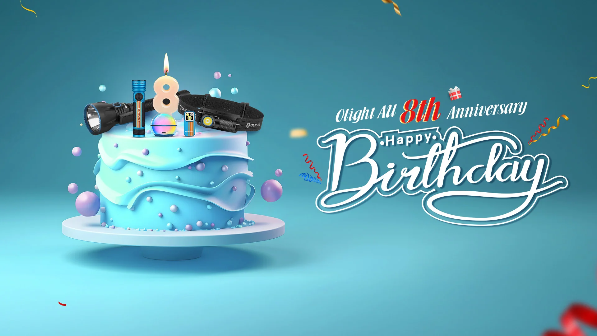 Olight All 8th Anniversary birthday celebration featuring Olight flashlights and headlamps on a cake.