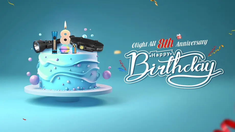 Olight All 8th Anniversary birthday celebration featuring Olight flashlights and headlamps on a cake.