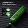 Green EDC flashlight with USB-C charging port showing red charging and green fully charged light indicators