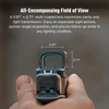 Handheld pistol with red dot sight showing 0.91 by 0.71 inch multi-coated lens dimensions for wide field of view