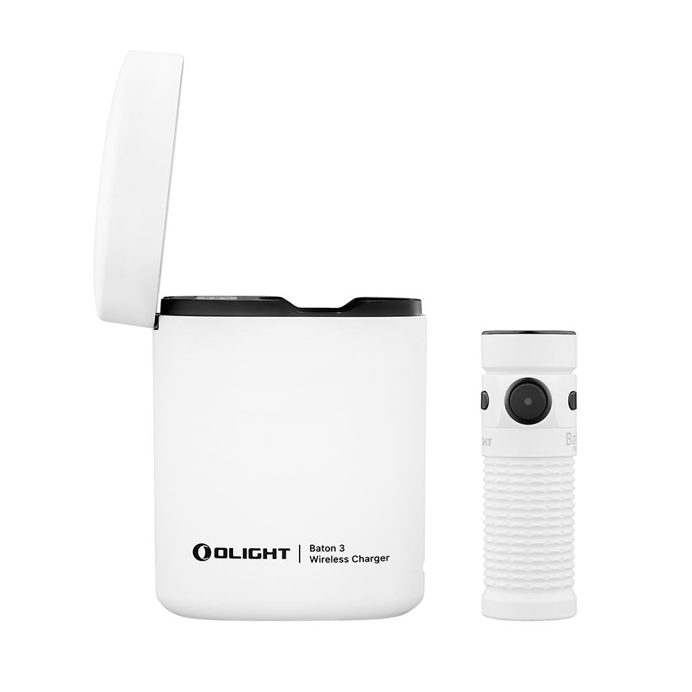 Olight Baton 3 white pocket flashlight next to open wireless charging case on white background