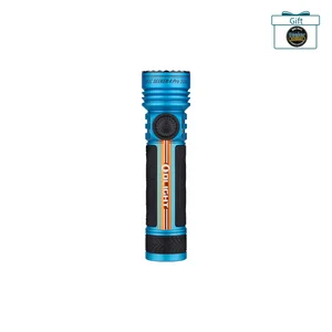 Olight Blue Seeker 4 Pro Flashlight Front View with Black Textured Grip and Rotary Switch for Outdoor Search and Rescue