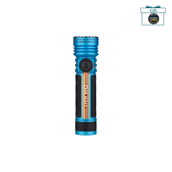Olight Blue Seeker 4 Pro Flashlight Front View with Black Textured Grip and Rotary Switch for Outdoor Search and Rescue