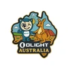 Olight Australia PVC Patch, a cartoon koala and kangaroo together under the sun, featuring a map of Australia.