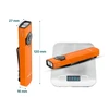 Orange compact flashlight with laser, 120mm long, 27mm wide, 16mm thick, weighing 111g