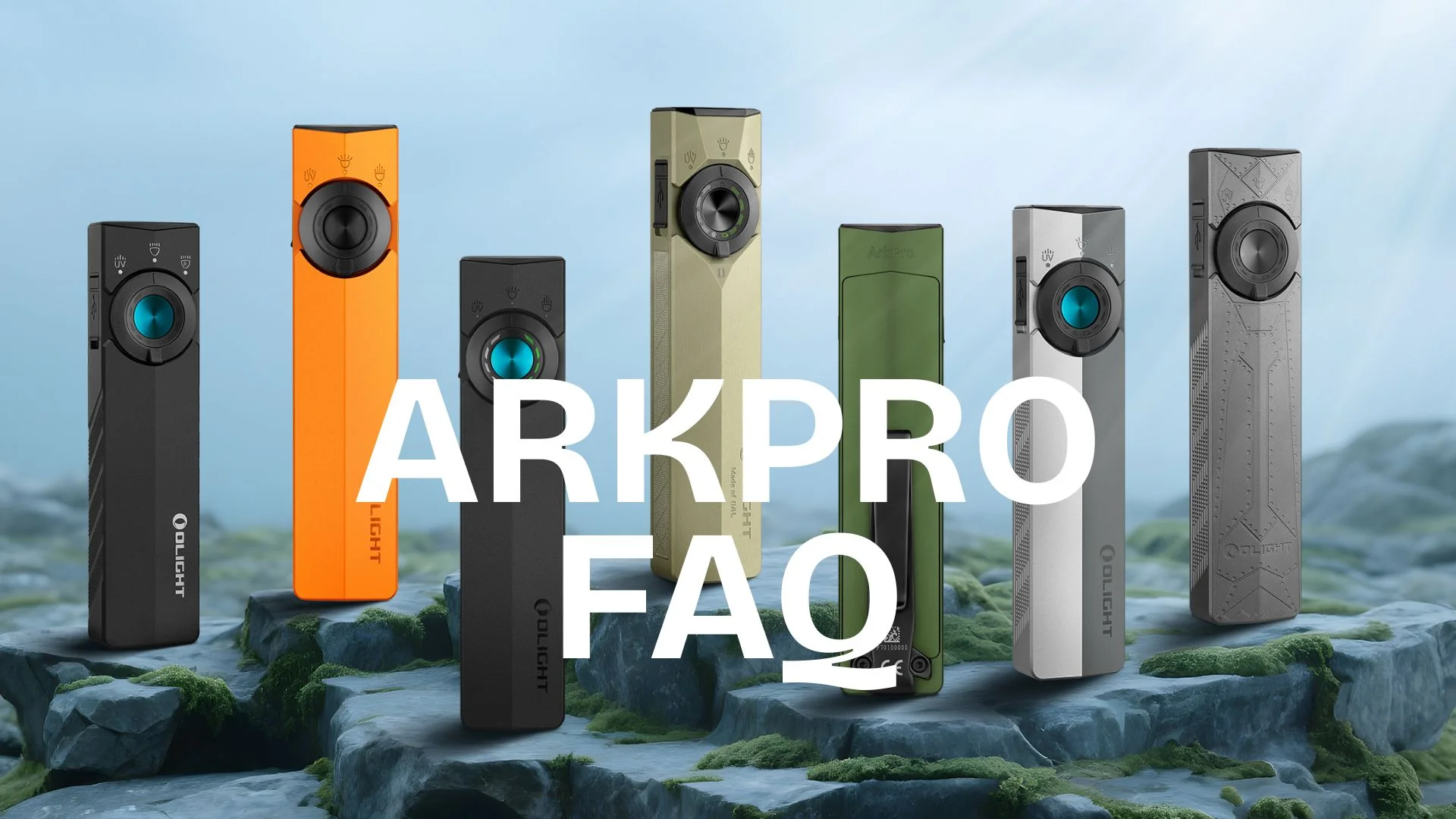Olight ArkPro flashlights in black, orange, tan, green, silver, gray on mossy rocks, with ARKPRO FAQ text.