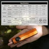 Olight Orange ArkPro Ultra Flat Flashlight with Specifications Table held in Hand for EDC and Outdoor Use