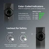 Olight Black ArkPro Flashlight Close Up Showing Color Coded Battery Indicators and Lockout Safety Function Infographic