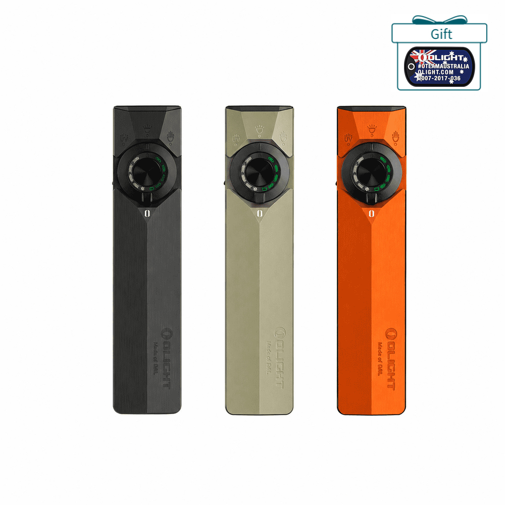 Olight ArkPro Flashlights in Black OD Green and Orange Front View featuring Rotary Switch for EDC and Outdoor Use