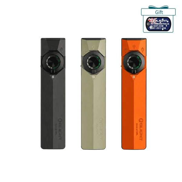 Olight ArkPro flat EDC flashlights in black, green, and orange showing front view selector dial for everyday carry use