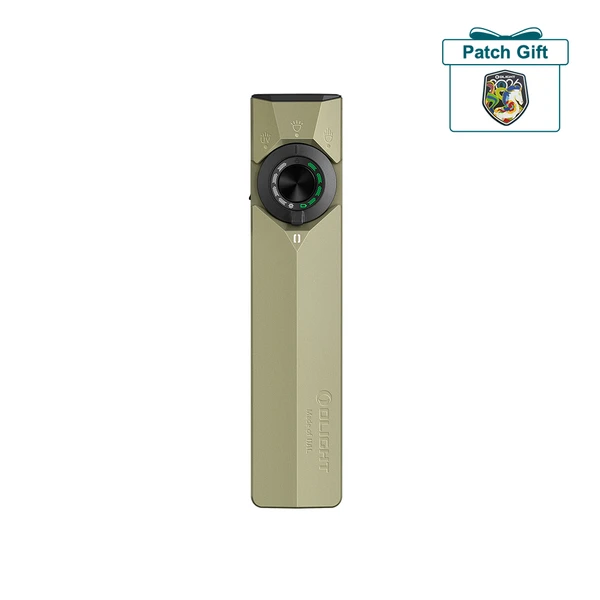 Olight Olive Green ArkPro Ultra Flashlight Front View with Rotary Switch and Patch Gift for EDC and Everyday Use