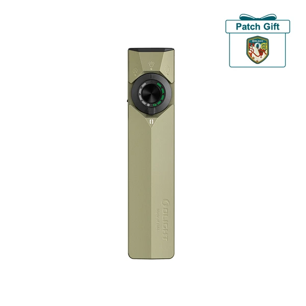 Olight ArkPro Ultra in olive green, featuring a front view with a rotary switch for versatile lighting modes.