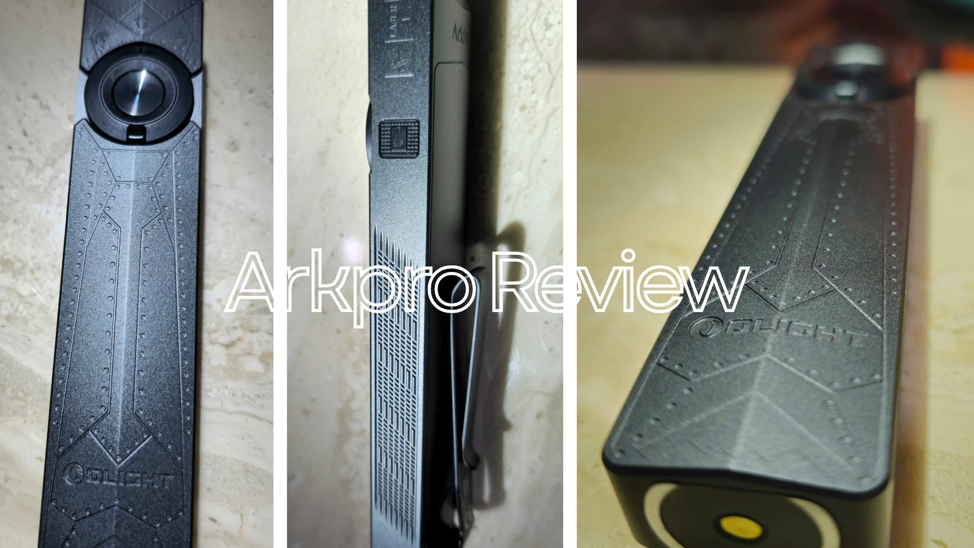 Olight Arkfeld tactical flashlight review with multiple views, highlighting its black textured body, side clip, and circular light.