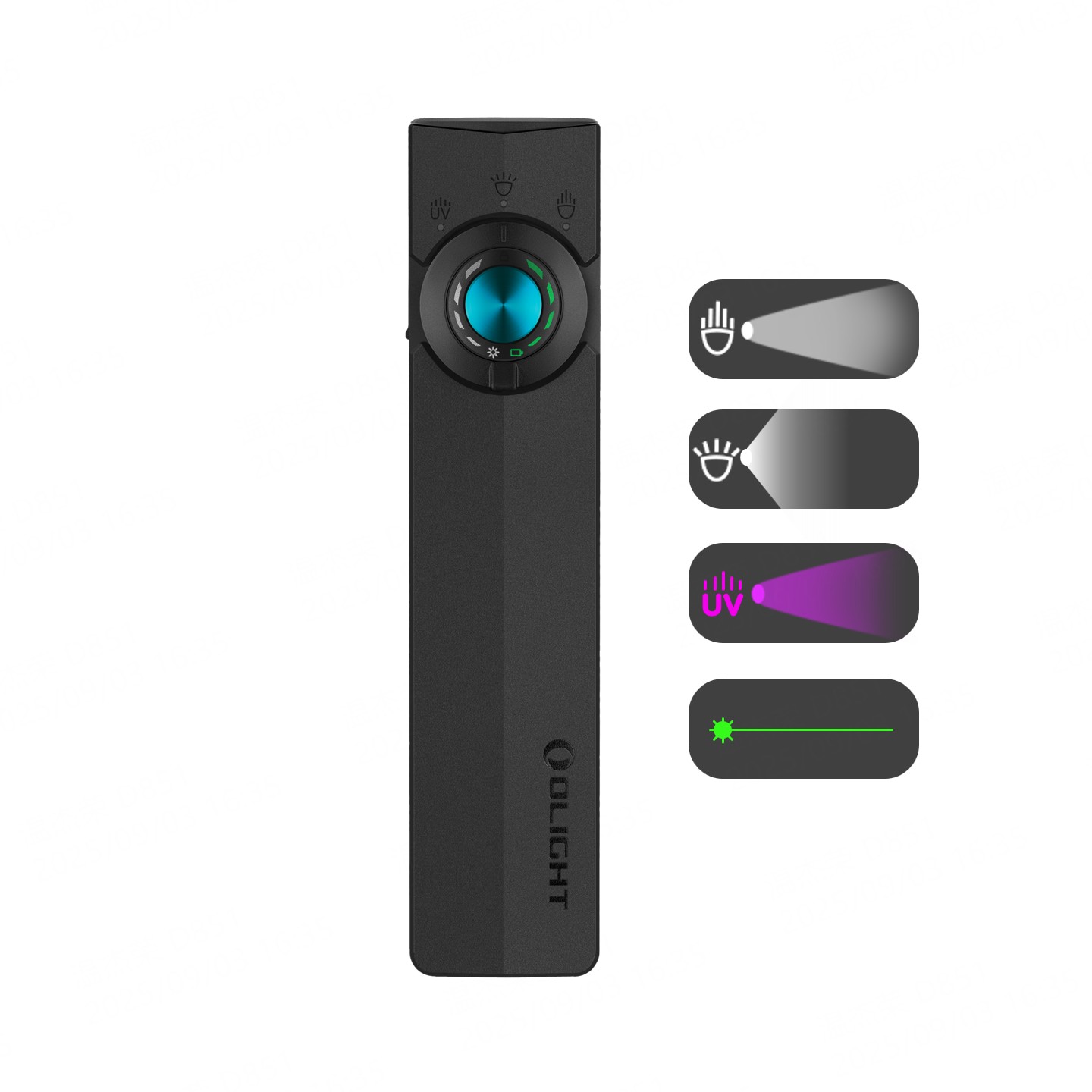 Olight ArkPro Ultra black side view with control dial, featuring floodlight, spotlight, UV light, and green laser for versatile use.