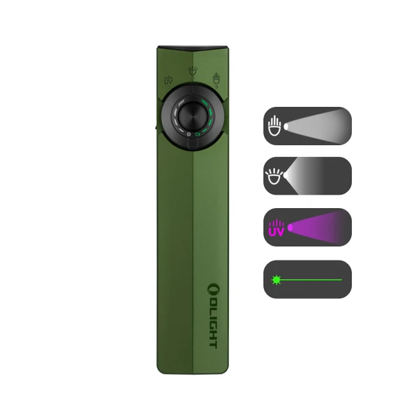 Olight Army Green ArkPro Flashlight Front View with UV light and Red Laser for daily and inspection use