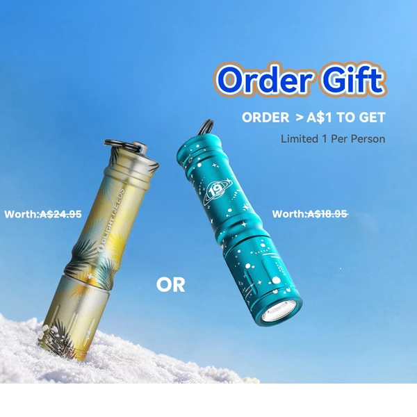 Olight I3E Yellow Palm Tree and Teal Starry Sky Keychain Flashlights on Snow for Promotional Order Gift Promo