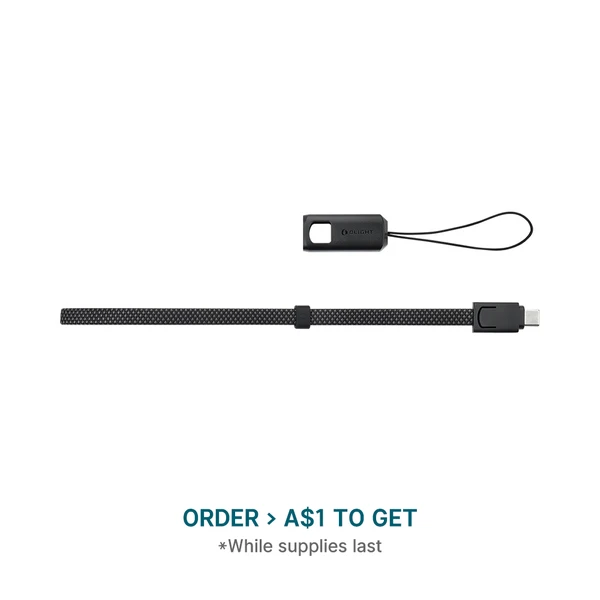 Olight black USB-C charging cable lanyard and whistle accessory on white background