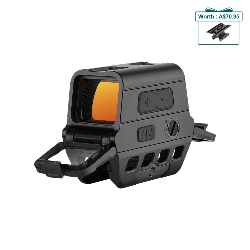 Tactical holographic red dot sight with orange lens and integrated mount, featuring NV button and brightness controls.