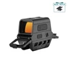 Tactical holographic red dot sight with orange lens and integrated mount, featuring NV button and brightness controls.