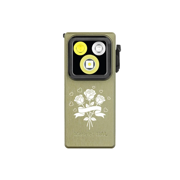 Olight Olive Green Oclip Ultra front view with rose engraving and three light sources for everyday carry and illumination.