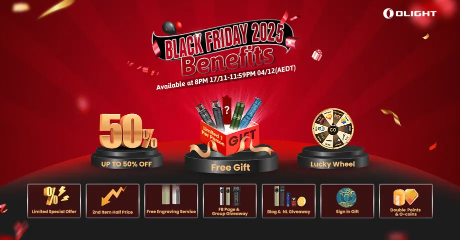 Olight Black Friday 2025 sale: up to 50% off, free gift, lucky wheel, special offers, giveaways, double points.