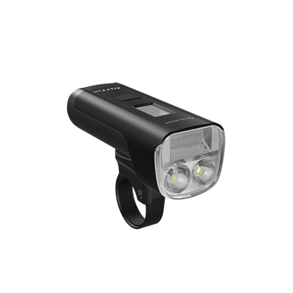 Olight RN 2000 rechargeable LED bicycle headlight with dual beams, OLED screen, and handlebar mount on white background