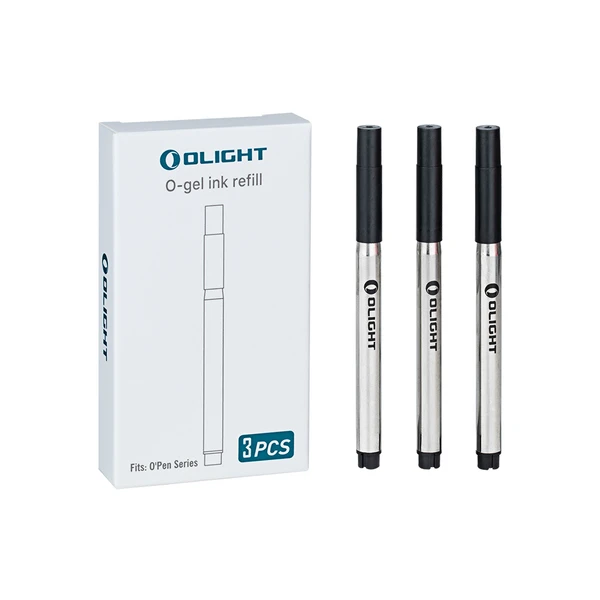 Olight O-gel ink refill 3-pack for O'Pen Series. White box and three black ink pen cartridges.