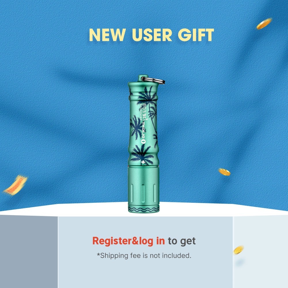 Green Olight flashlight with palm trees, "New User Gift" promotion