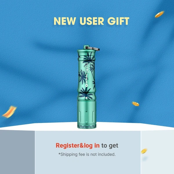 Green Olight flashlight with palm trees, "New User Gift" promotion
