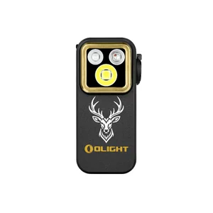 Olight Black Oclip Pro Clip-on Light Front View with Deer Emblem and Triple LEDs for Outdoor EDC and Hands-Free Lighting