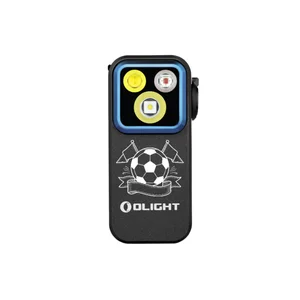 Black Olight Oclip Pro Clip-on Light Front View with Soccer Engraving and Dual LEDs for Everyday Carry and Outdoor Use