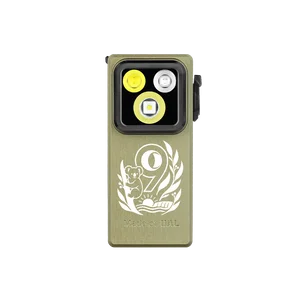 Olight Olive Green Oclip Ultra Clip-on Light Front View with Koala Engraving and Three LEDs for EDC Outdoor Use