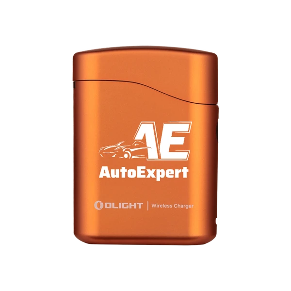 Olight Orange Baton 4 Premium Wireless Charger Front View with AutoExpert Logo for EDC and Automotive Enthusiasts